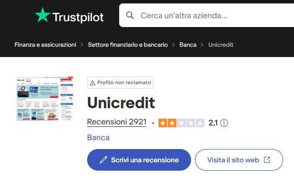 valutazione UniCredit su Trustpilot.com