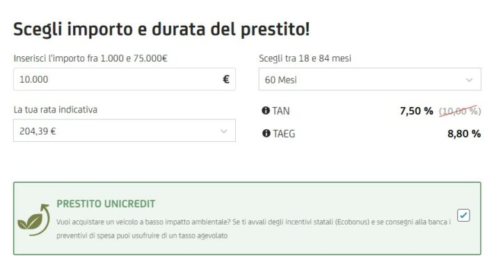 simulazione prestito unicredit 10000 euro tasso promozionale