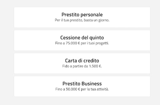 schermata dove selezionare la tipologia di prestito che interessa
