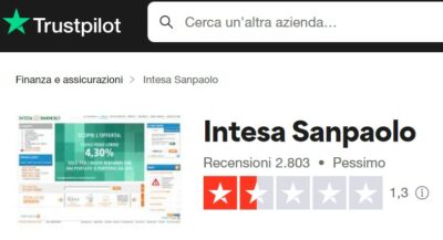 screenshot valutazione intesa sanpaolo su trustpilot.it