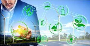 uomo che indica varie energie rinnovabili