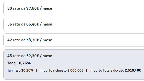 screenshot simulazione prestito 2000 euro sito mondo convenienza